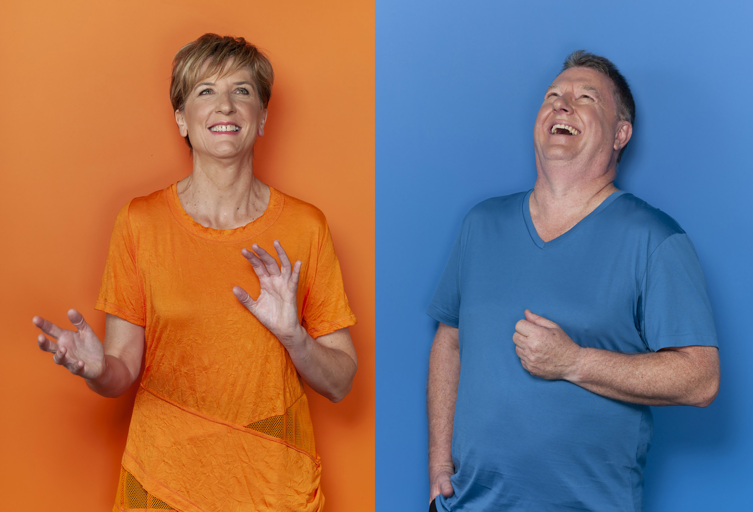 Paul Scott, people, woman on orange and man on blue backgrounds.